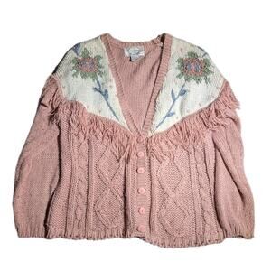 Vtg 1990s Golden Touch Blush Pink Floral Knit Fringe Trim Button Up Cardigan 18W